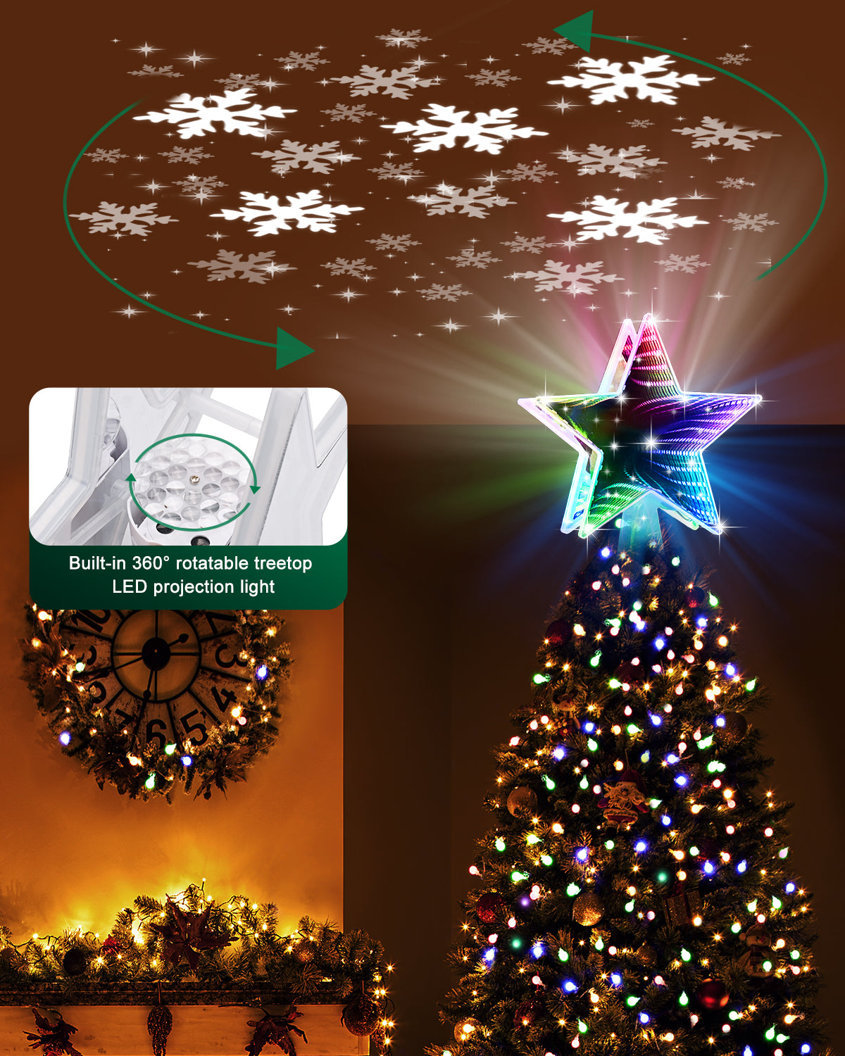 Christmas Tree Topper, Dynamic Tunnel Mirror Colorful Light Star Topper