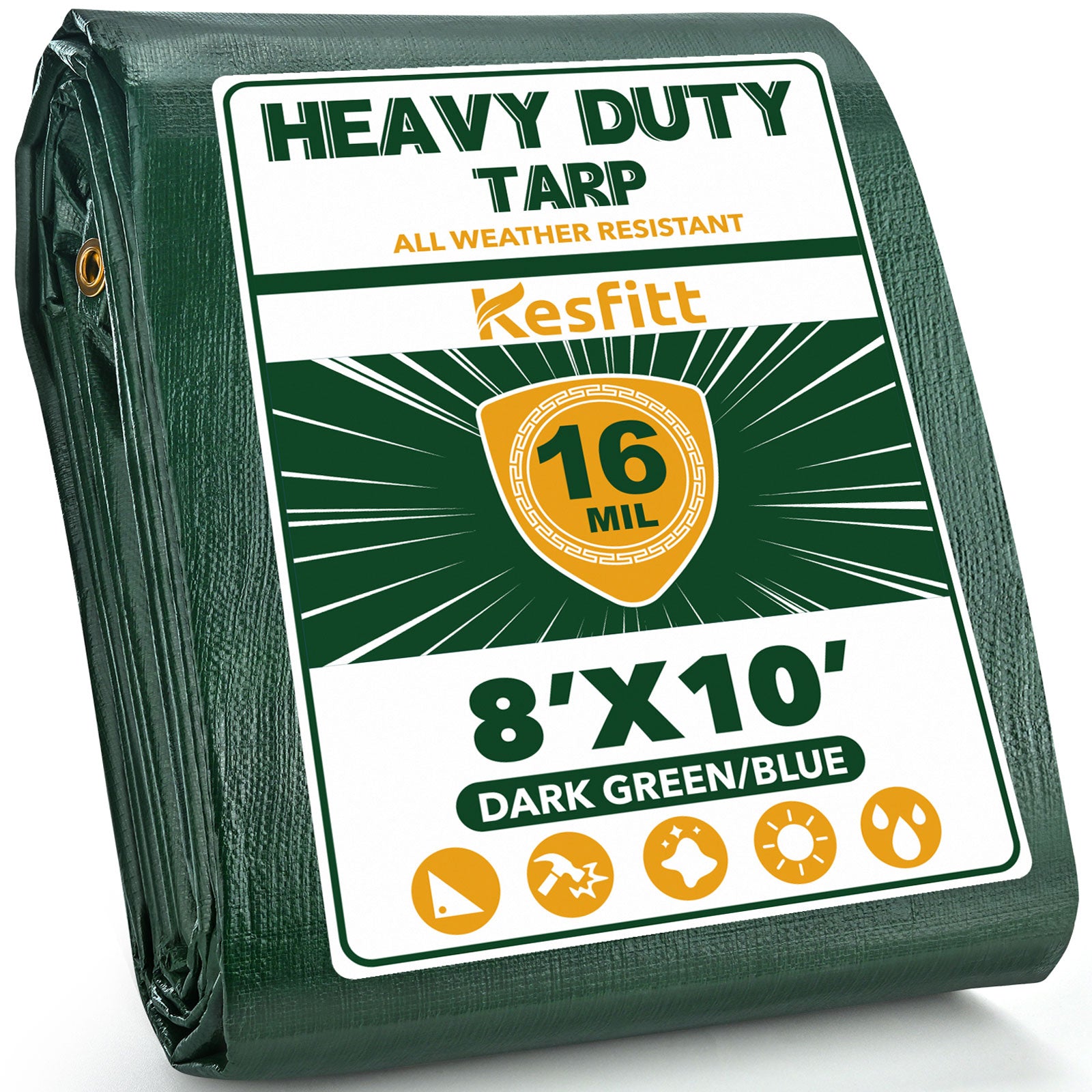 Kesfitt Tarp Heavy Duty Water-Resistant 8x10FT,16 Mil Thick Tarps (Green/Blue)