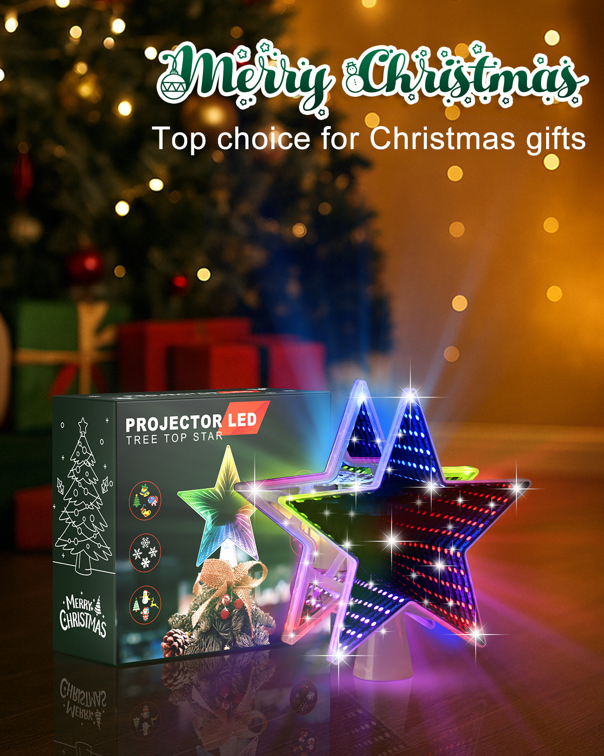 Christmas Tree Topper, Dynamic Tunnel Mirror Colorful Light Star Topper