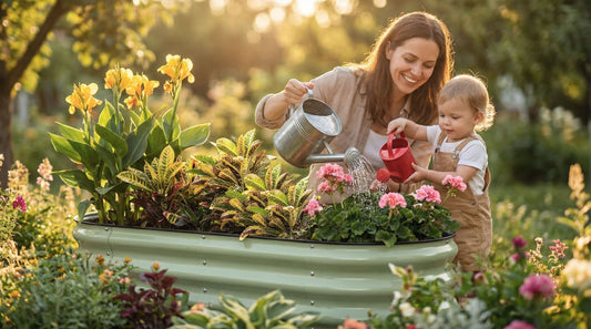 Gardening with family using a Kesfitt galvanized raised garden bed filled with blooming flowers.