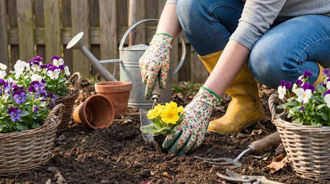 Hands planting flowers in soil inside a galvanized raised garden bed.