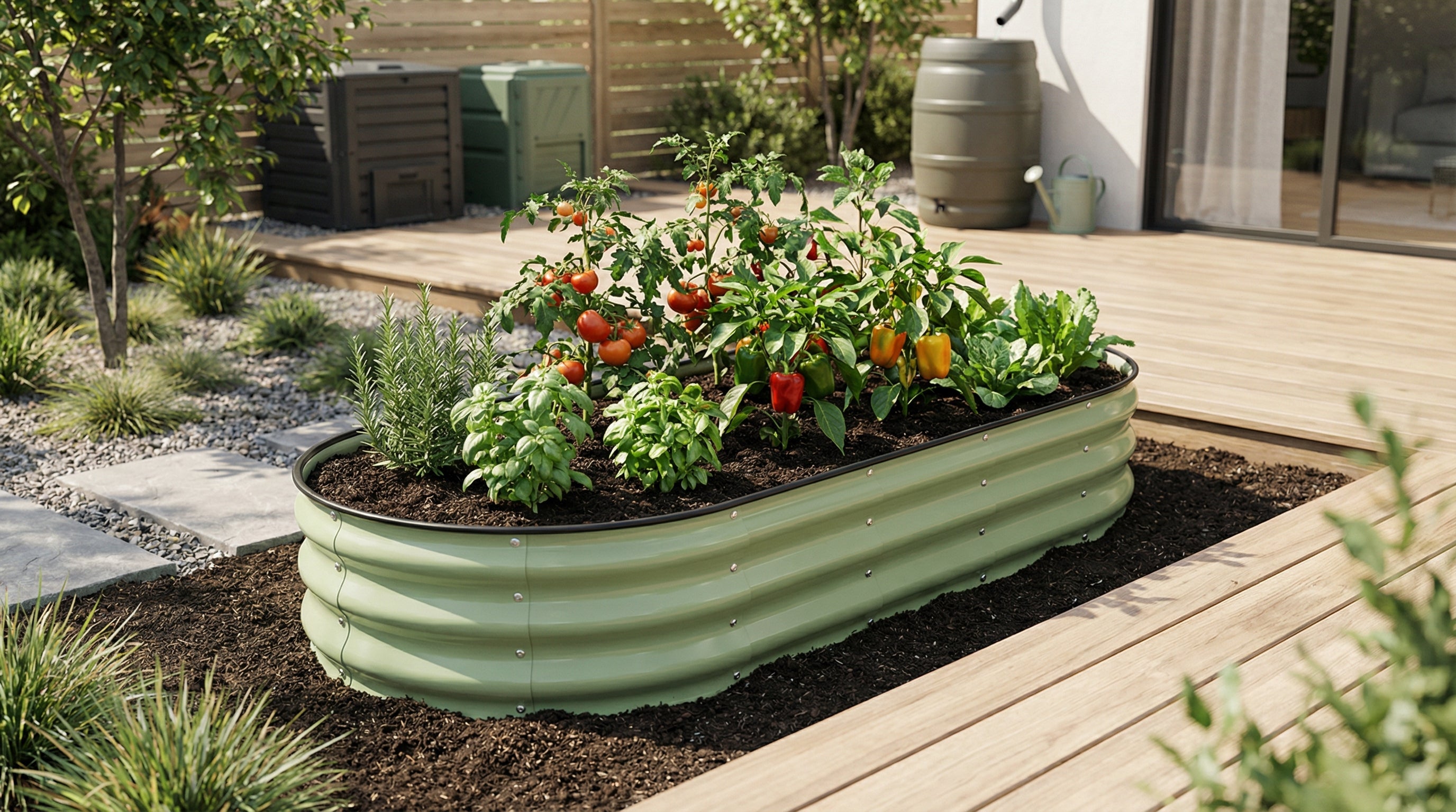 Modern raised garden bed in a contemporary backyard, featuring a sage green metal planter with herbs and flowers, designed for modern outdoor living