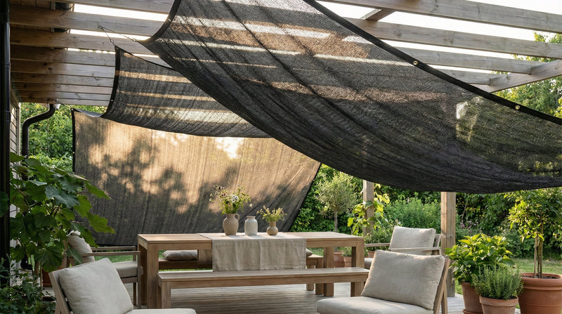 In this modern garden setting, the shading fabric blends seamlessly into the environment; the black high-density polyethylene (HDPE) shading fabric gently filters sunlight.