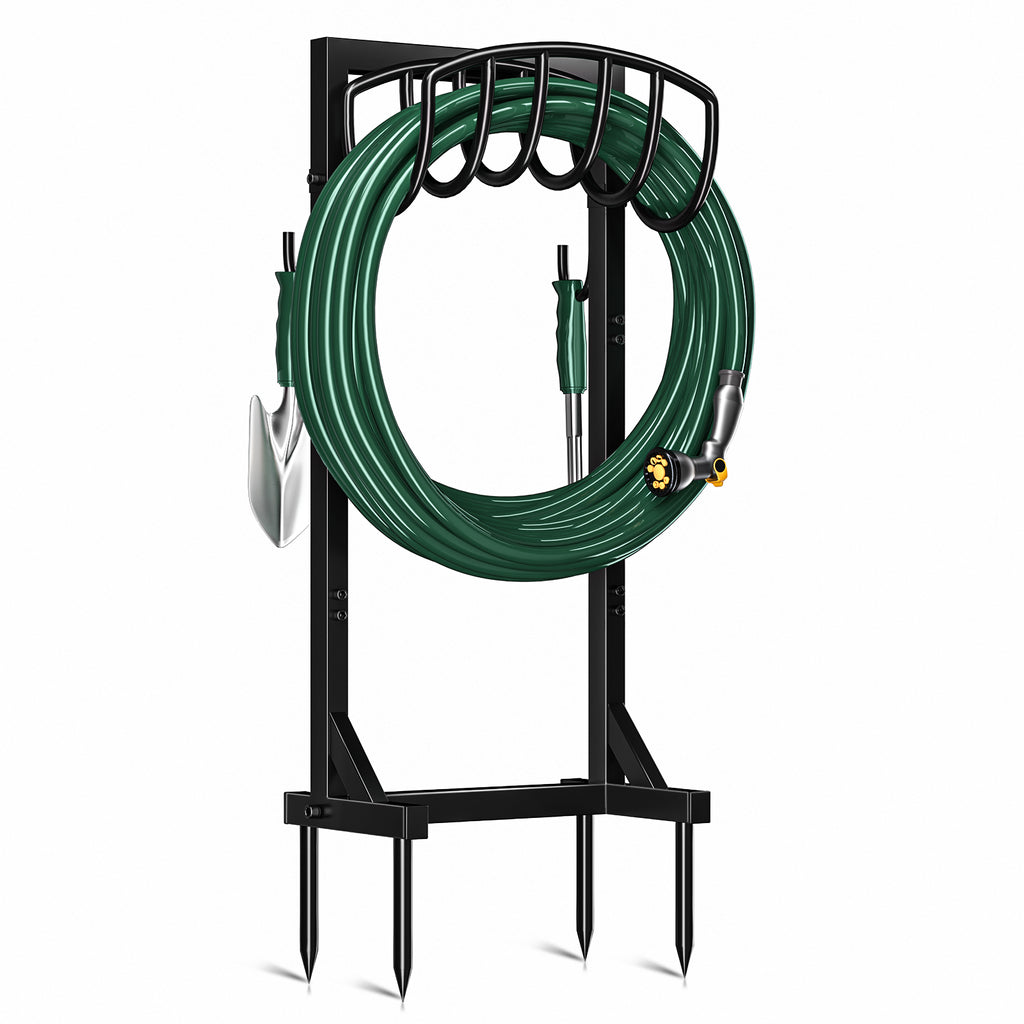 Freestanding garden hose holder with ground spikes holding a garden hose, outdoor hose storage stand