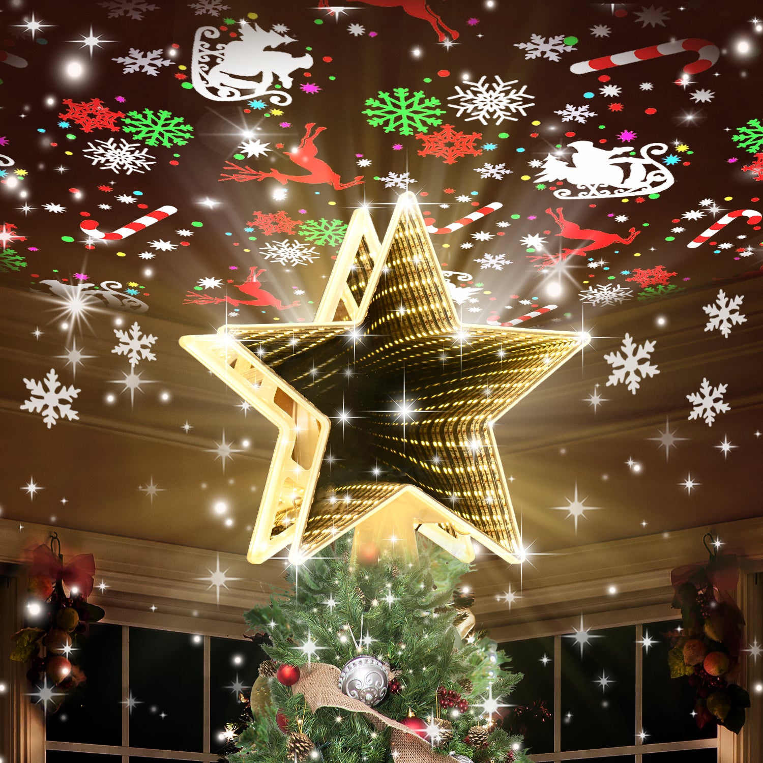 Christmas Tree Topper, Tunnel Mirror Golden Light Star Topper