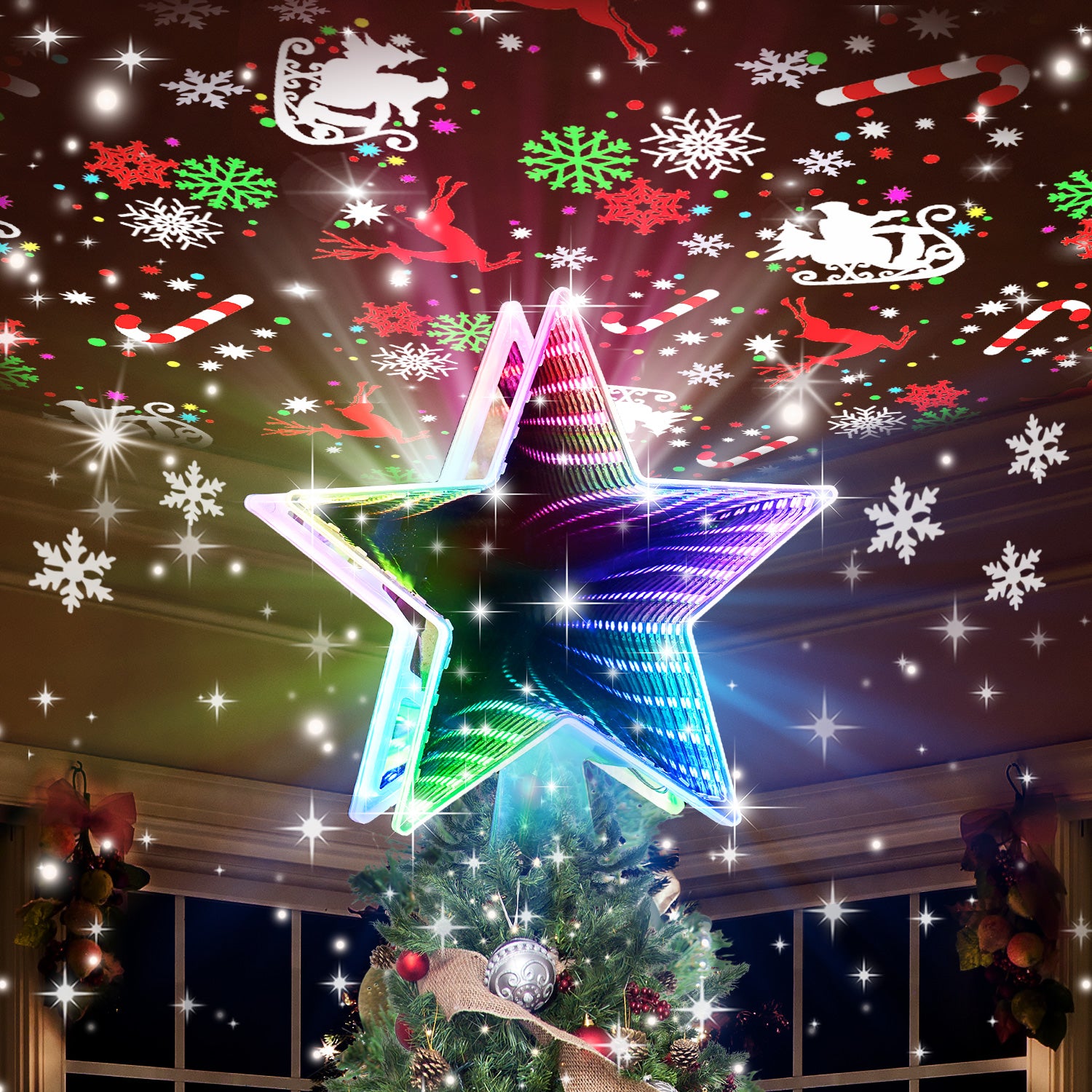 Christmas Tree Topper, Dynamic Tunnel Mirror Colorful Light Star Toppe ...