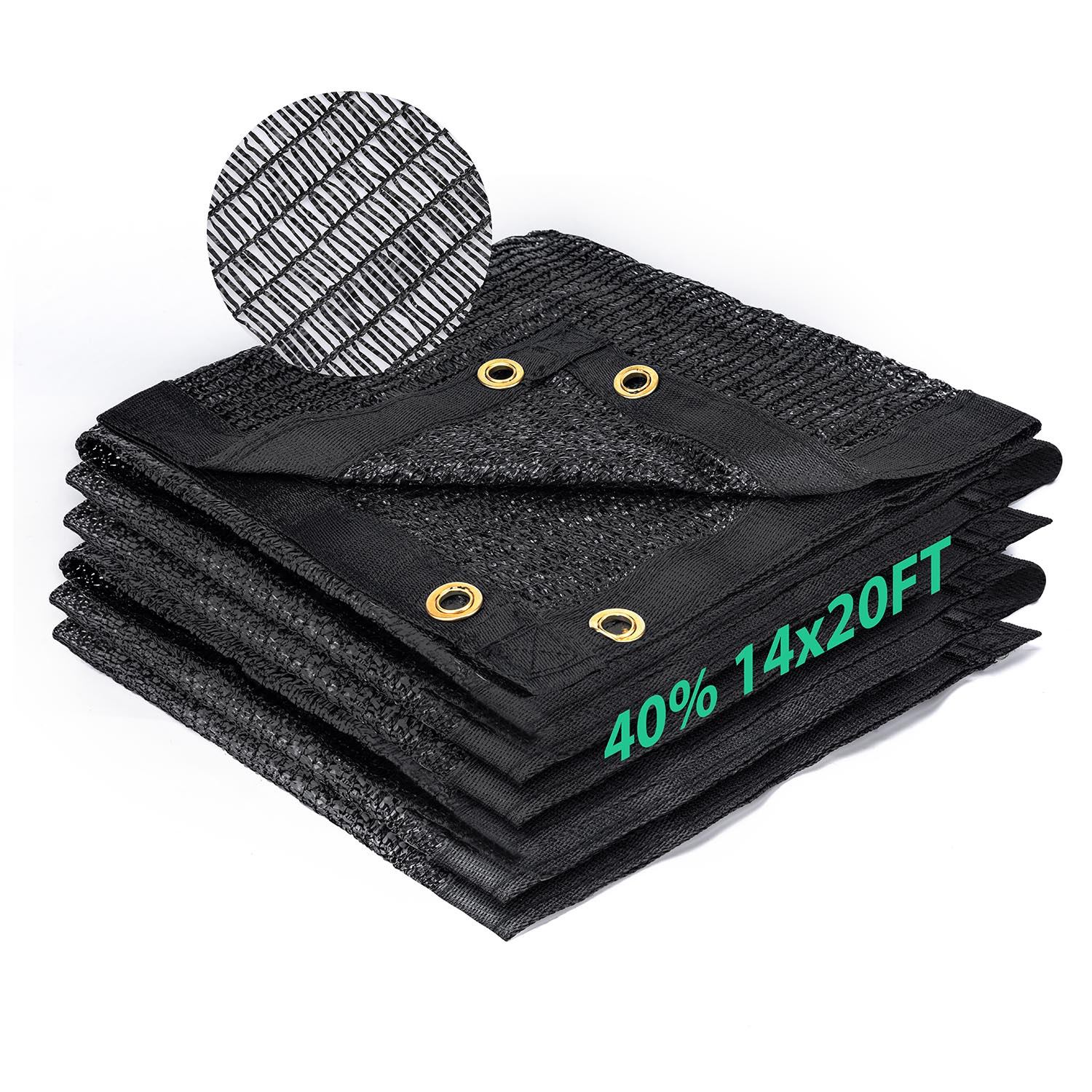 40 percent shade cloth 14x20 ft HDPE mesh sun shade fabric, folded with rust-resistant grommets