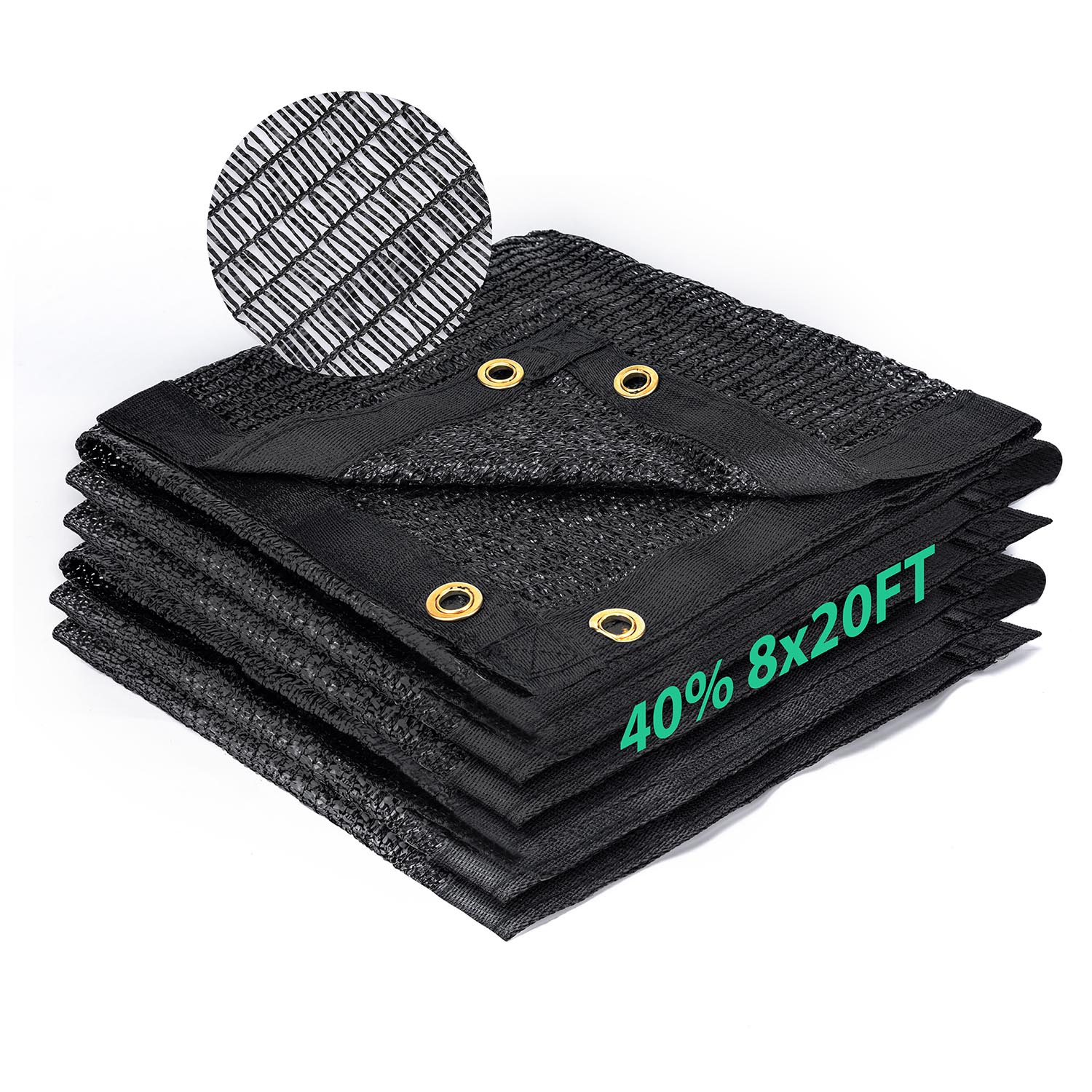 40 percent shade cloth 8x20 ft black HDPE mesh, folded sun shade fabric with reinforced edges and metal grommets
