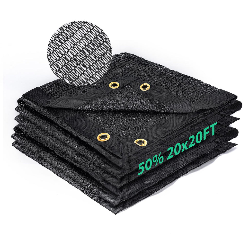 50 percent shade cloth 20x20 ft black HDPE mesh, folded outdoor sun shade with reinforced edges
