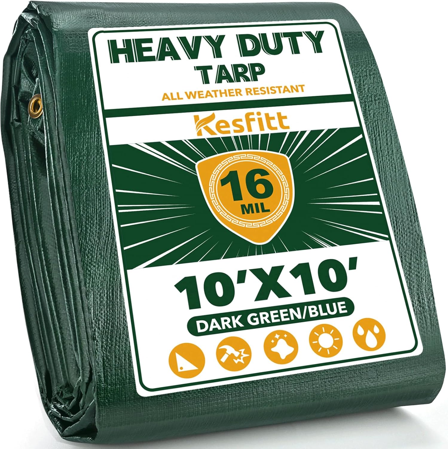 Kesfitt Tarp Heavy Duty Water-Resistant 10x10FT,16 Mil Thick Tarps (Green/Blue)