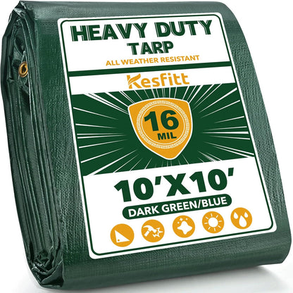 Kesfitt Tarp Heavy Duty Water-Resistant 10x10FT,16 Mil Thick Tarps (Green/Blue)