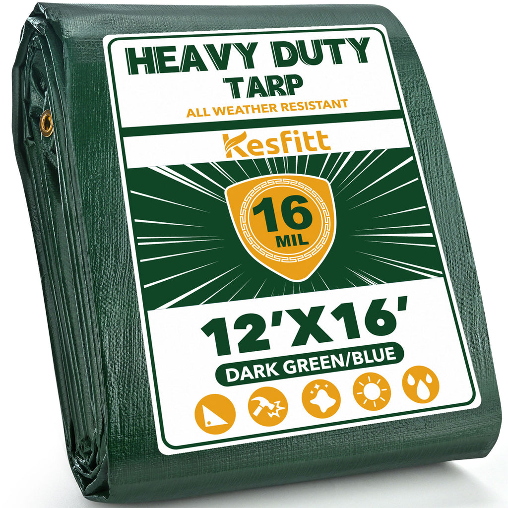 16 mil heavy duty water-resistant tarp 12x16 ft green and blue, folded outdoor poly tarp
