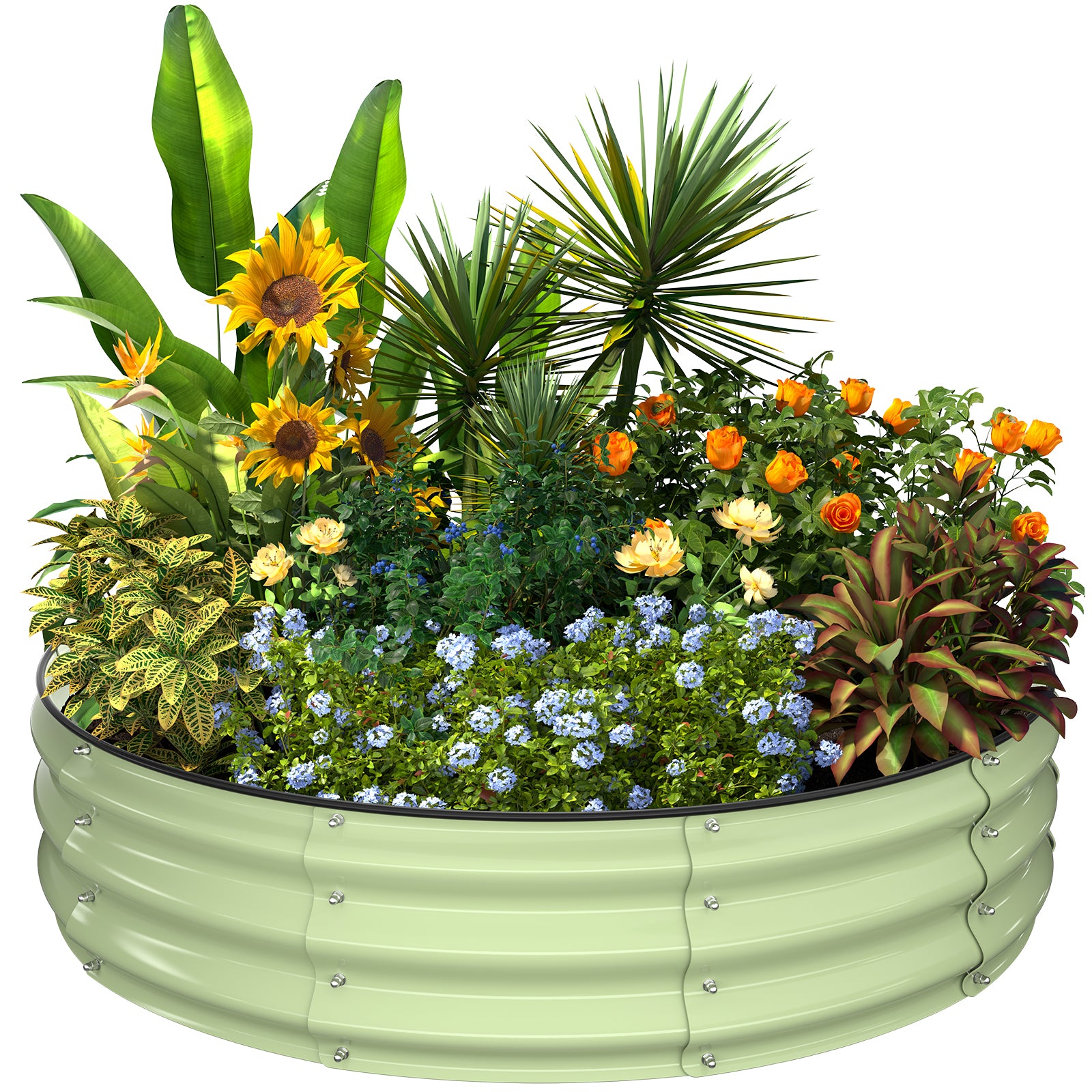 Fruit green 4x4x1 ft round galvanized steel raised garden bed filled with flowers and plants, circular metal planter for outdoor gardening
