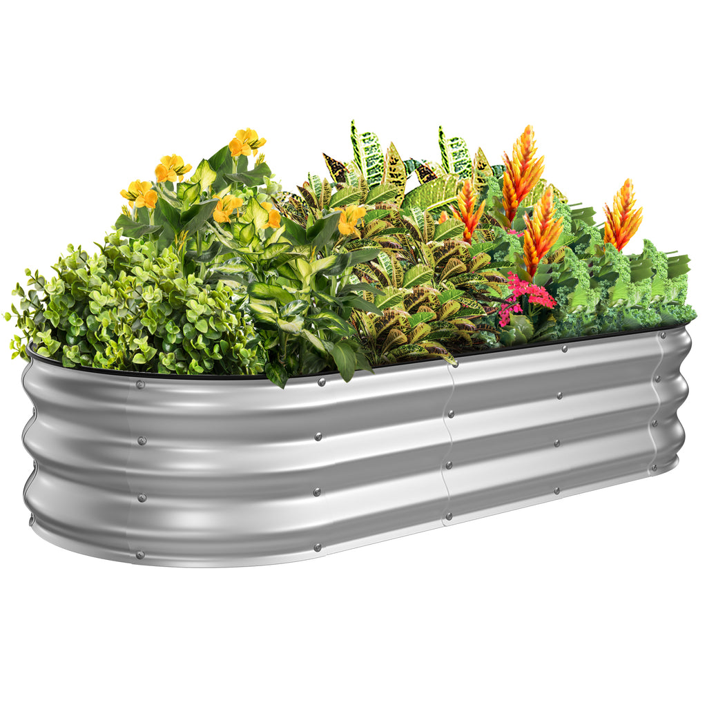 Silver 5x2x1 ft oval galvanized steel raised garden bed filled with vegetables and flowers, metal planter for outdoor gardening