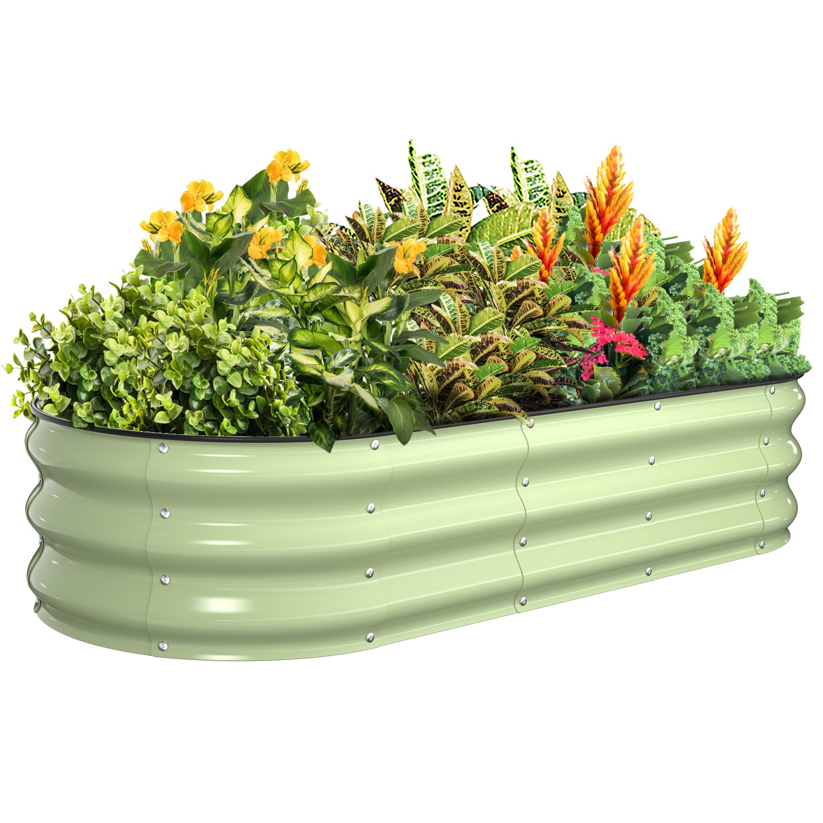 Fruit green 5x2x1 ft oval galvanized steel raised garden bed planted with greenery and flowers, metal planter for outdoor garden use

