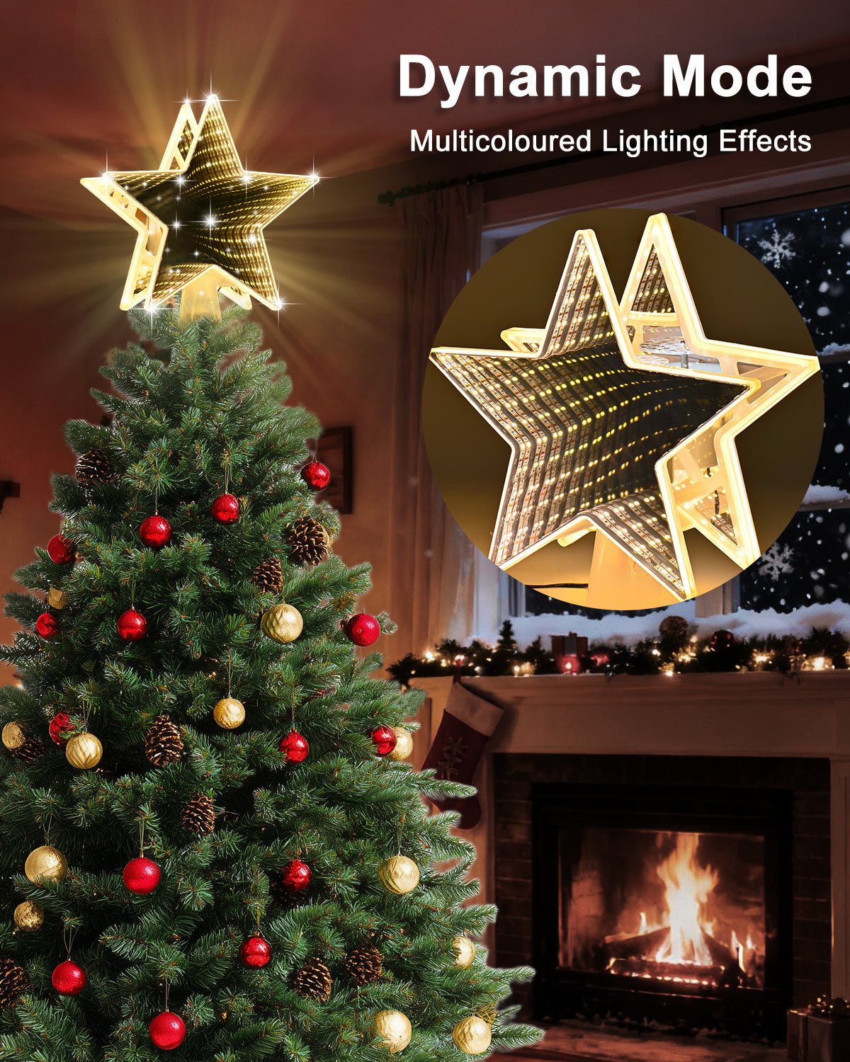 Christmas Tree Topper, Tunnel Mirror Golden Light Star Topper