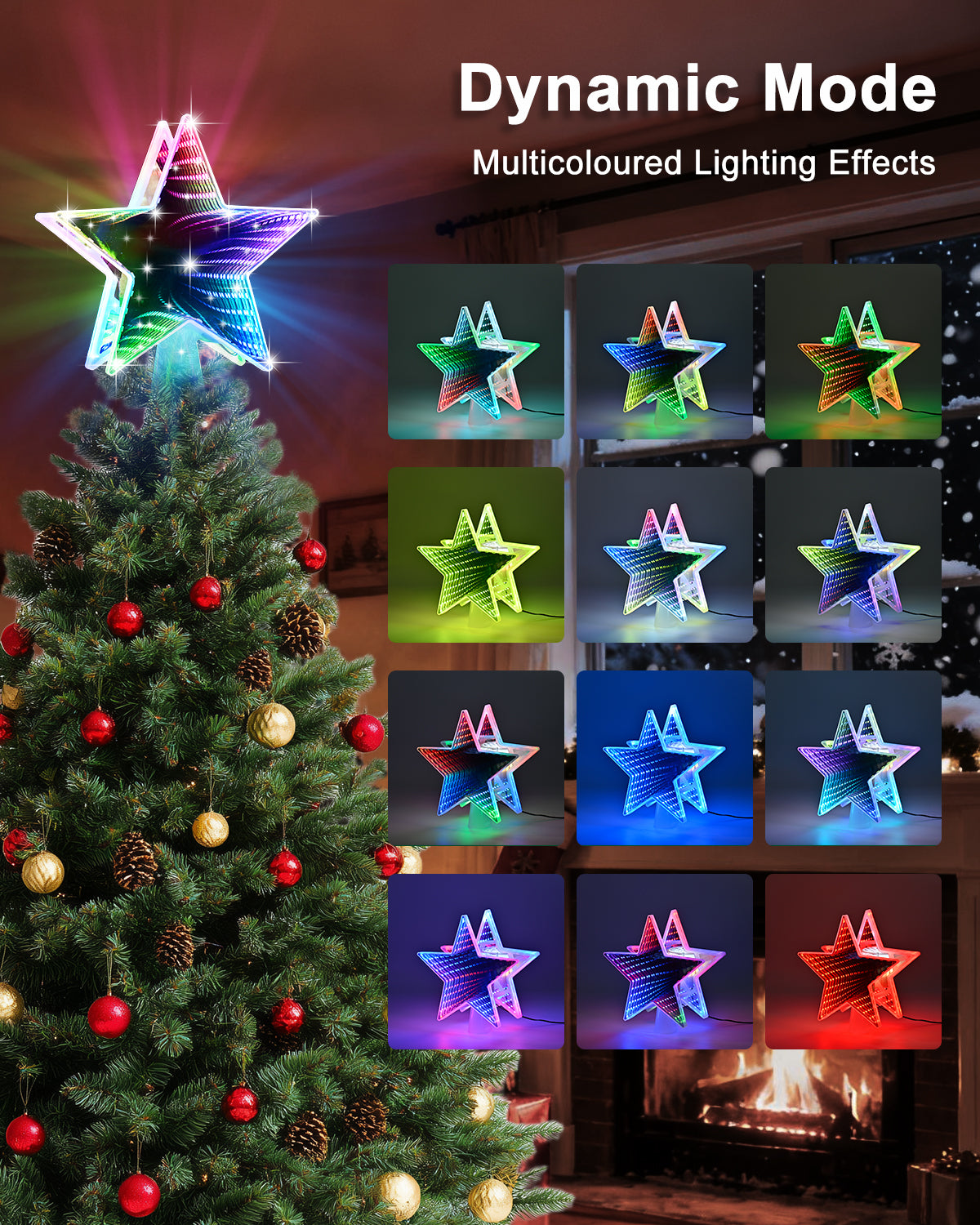 Christmas Tree Topper, Dynamic Tunnel Mirror Colorful Light Star Topper