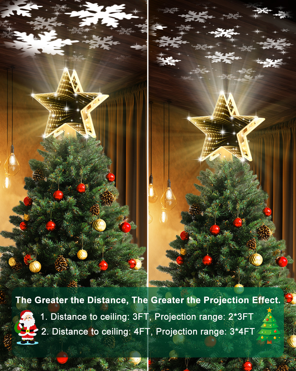 Christmas Tree Topper, Tunnel Mirror Golden Light Star Topper