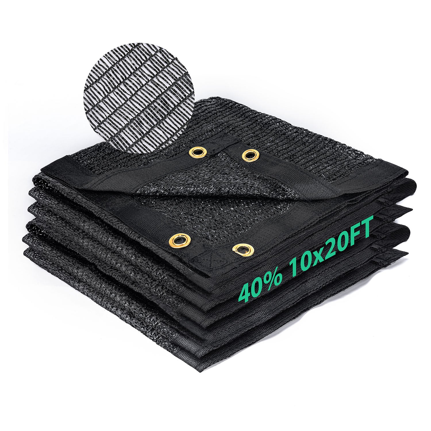 A folded black shade cloth with metal grommets, indicating a percent shade level of 40% and a size of 10x20FT.