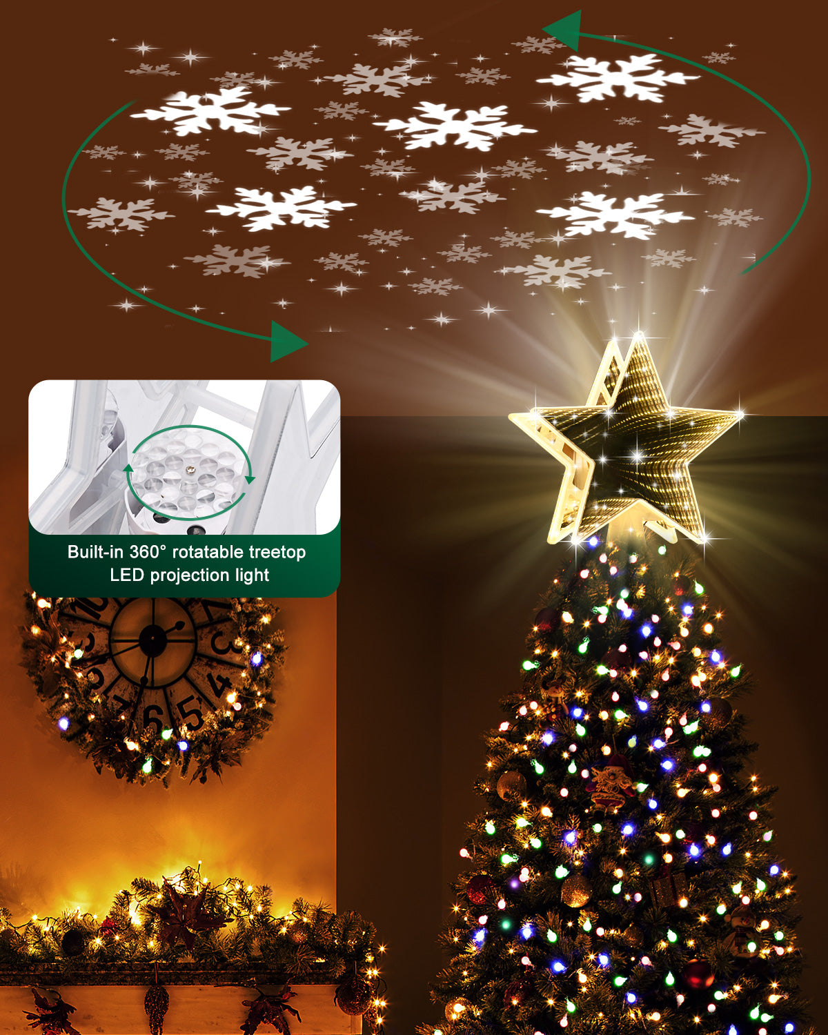 Christmas Tree Topper, Tunnel Mirror Golden Light Star Topper