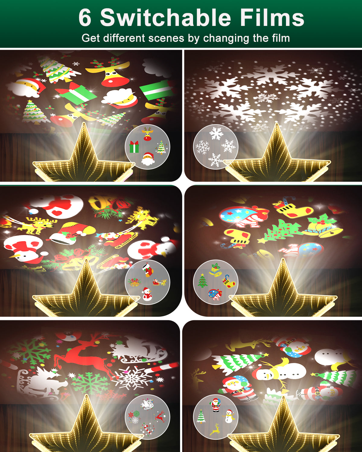 Christmas Tree Topper, Tunnel Mirror Golden Light Star Topper