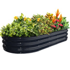 Midnight blue 6x3x1 ft oval galvanized steel raised garden bed with greenery, metal planter for outdoor garden use