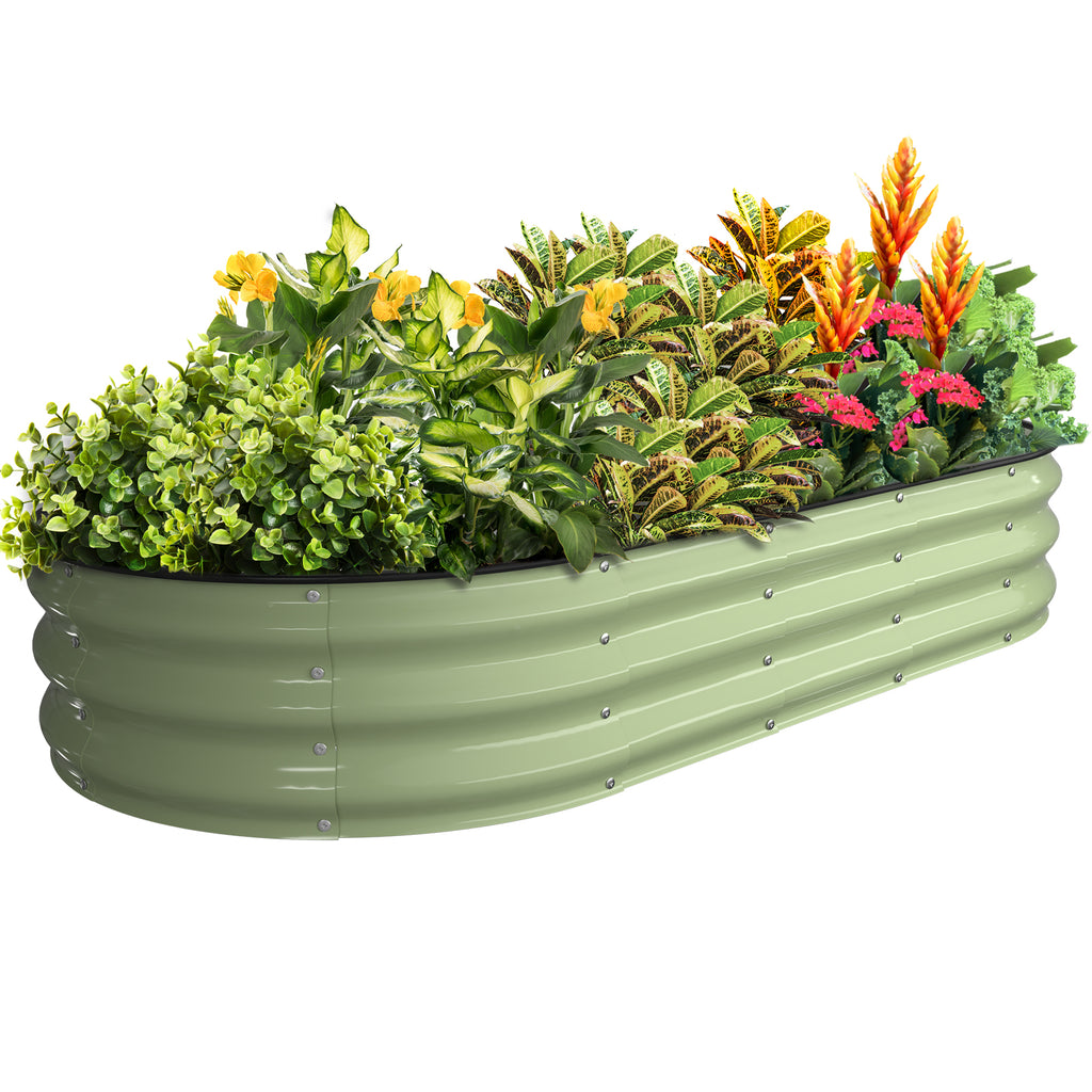 Fruit Green 6x3x1 ft oval galvanized steel raised garden bed filled with plants, metal planter for outdoor vegetable gardening
