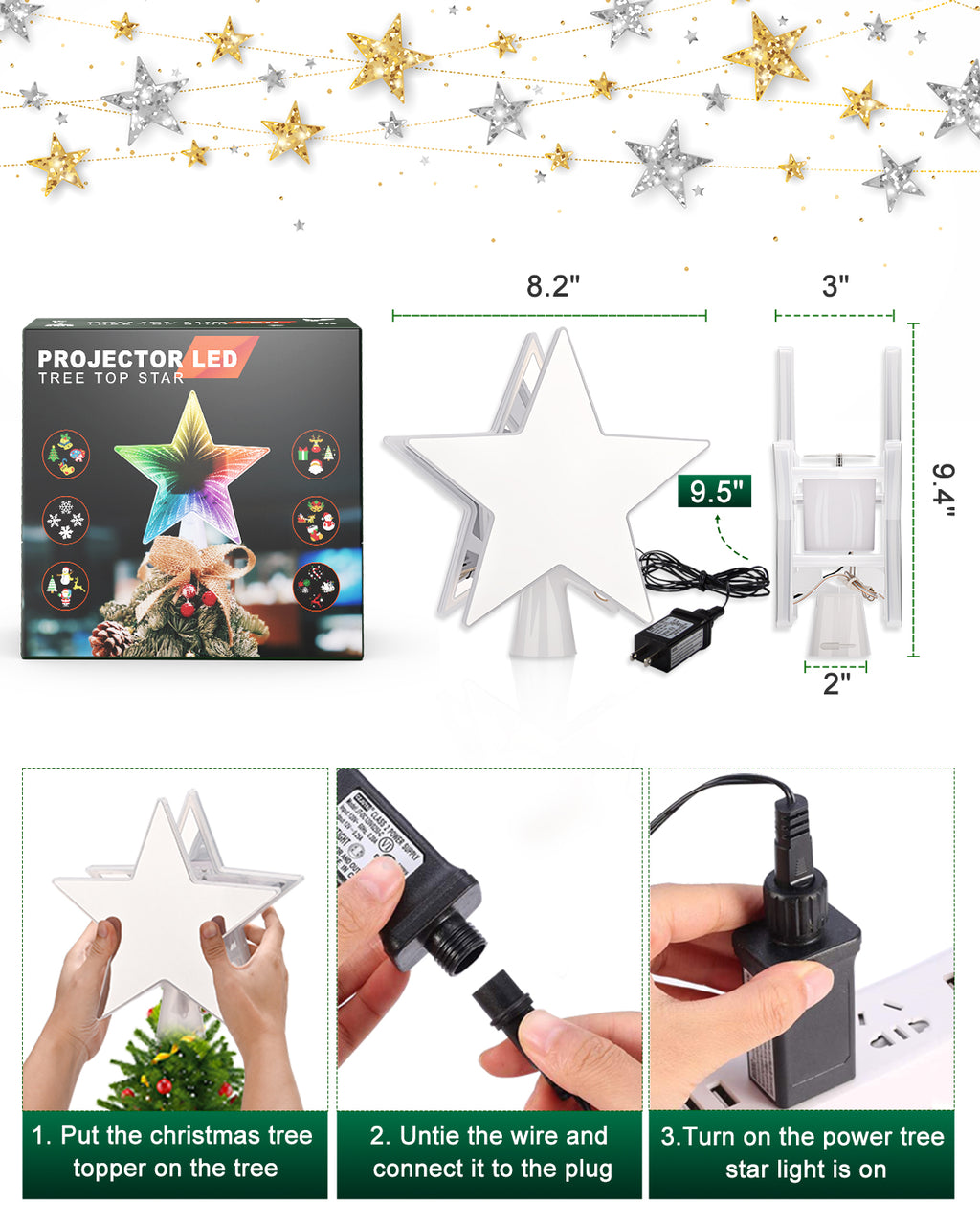 Christmas Tree Topper, Dynamic Tunnel Mirror Colorful Light Star Topper