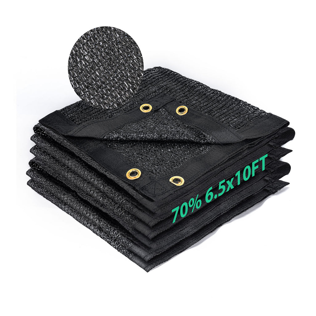 70 percent shade cloth 6.5x10 ft black HDPE mesh, folded sun shade fabric with reinforced edges and metal grommets
