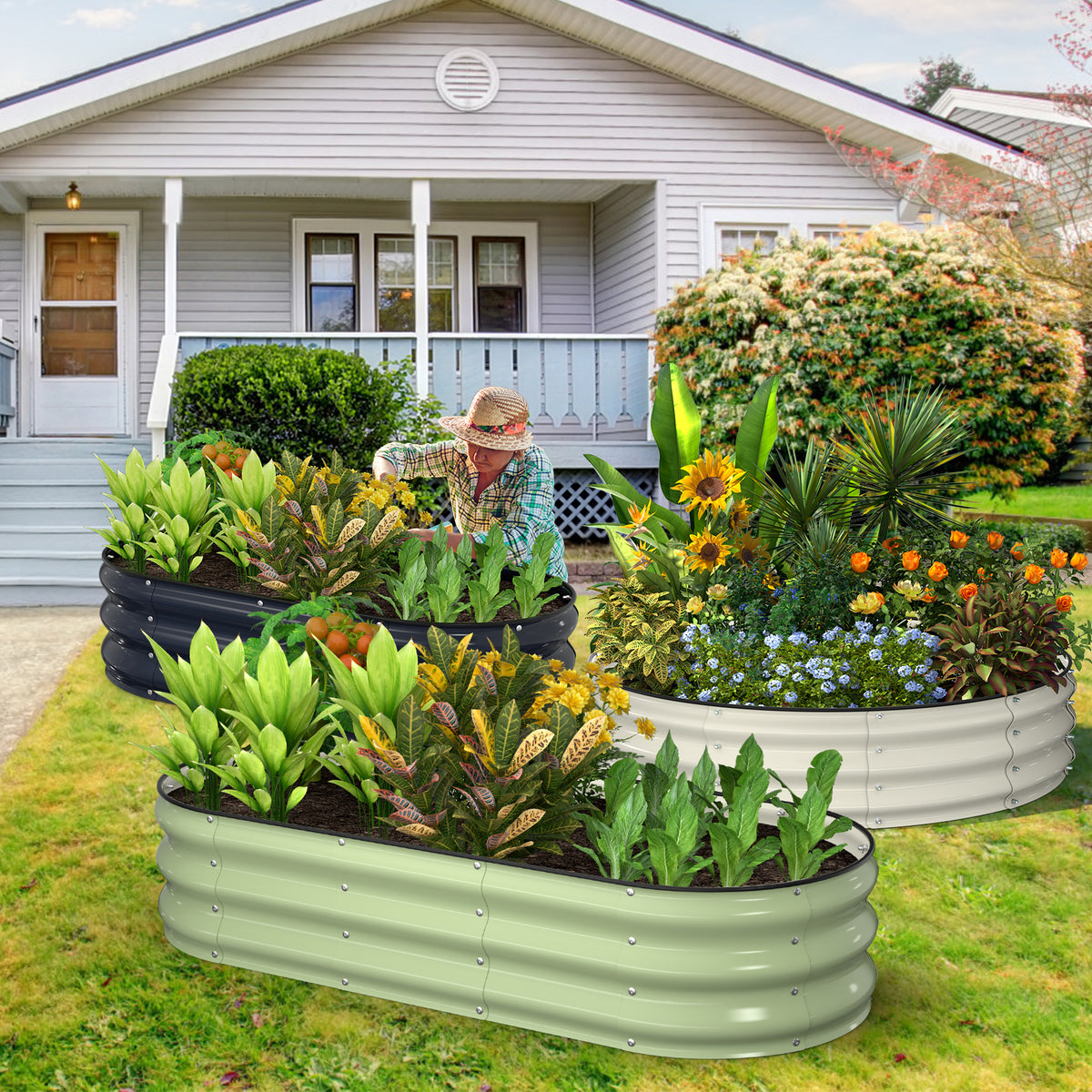 Kesfitt 4x4x1 FT Round Galvanized Raised Garden Bed, Pearl White