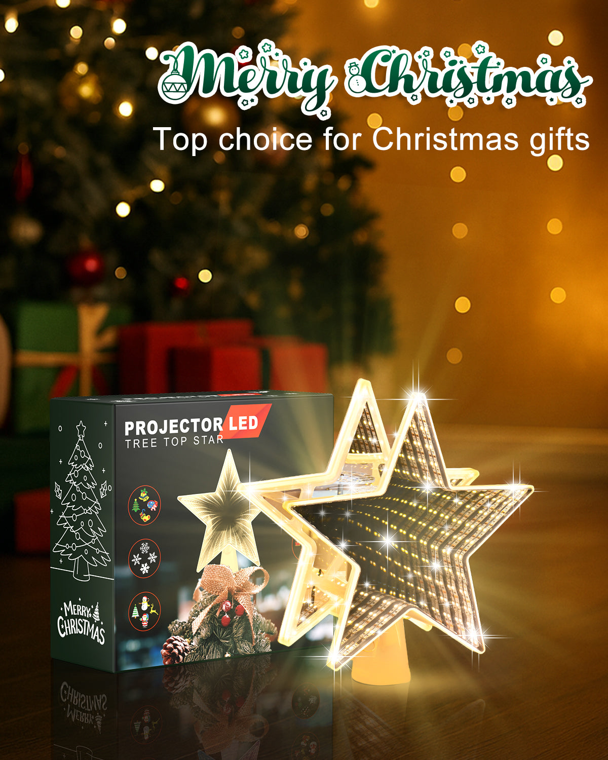 Christmas Tree Topper, Tunnel Mirror Golden Light Star Topper