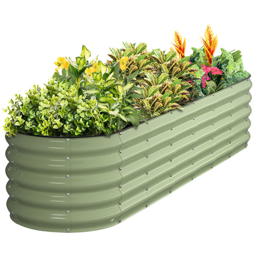 Fruit green metal raised garden bed filled with flowers and plants