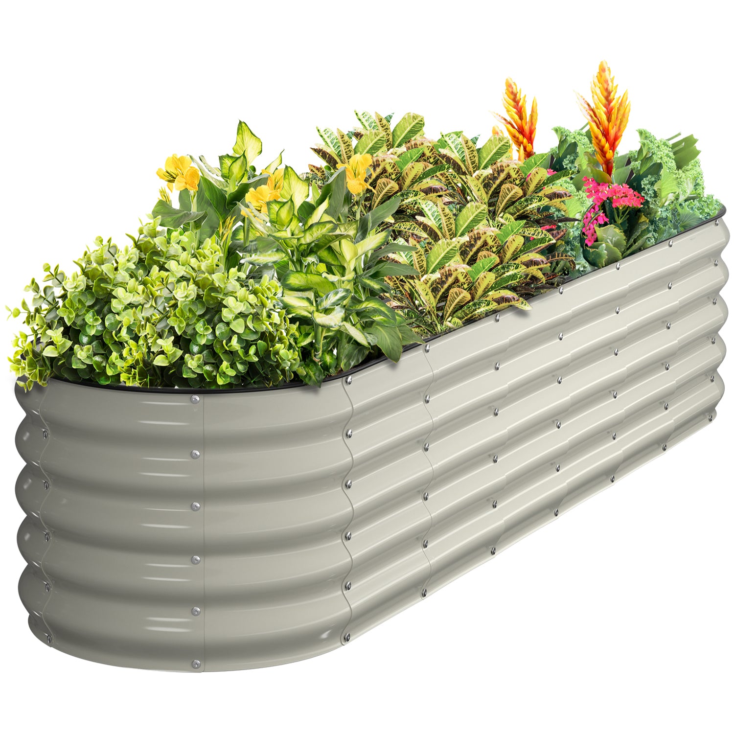 Pearl white metal raised garden bed filled with flowers and plants