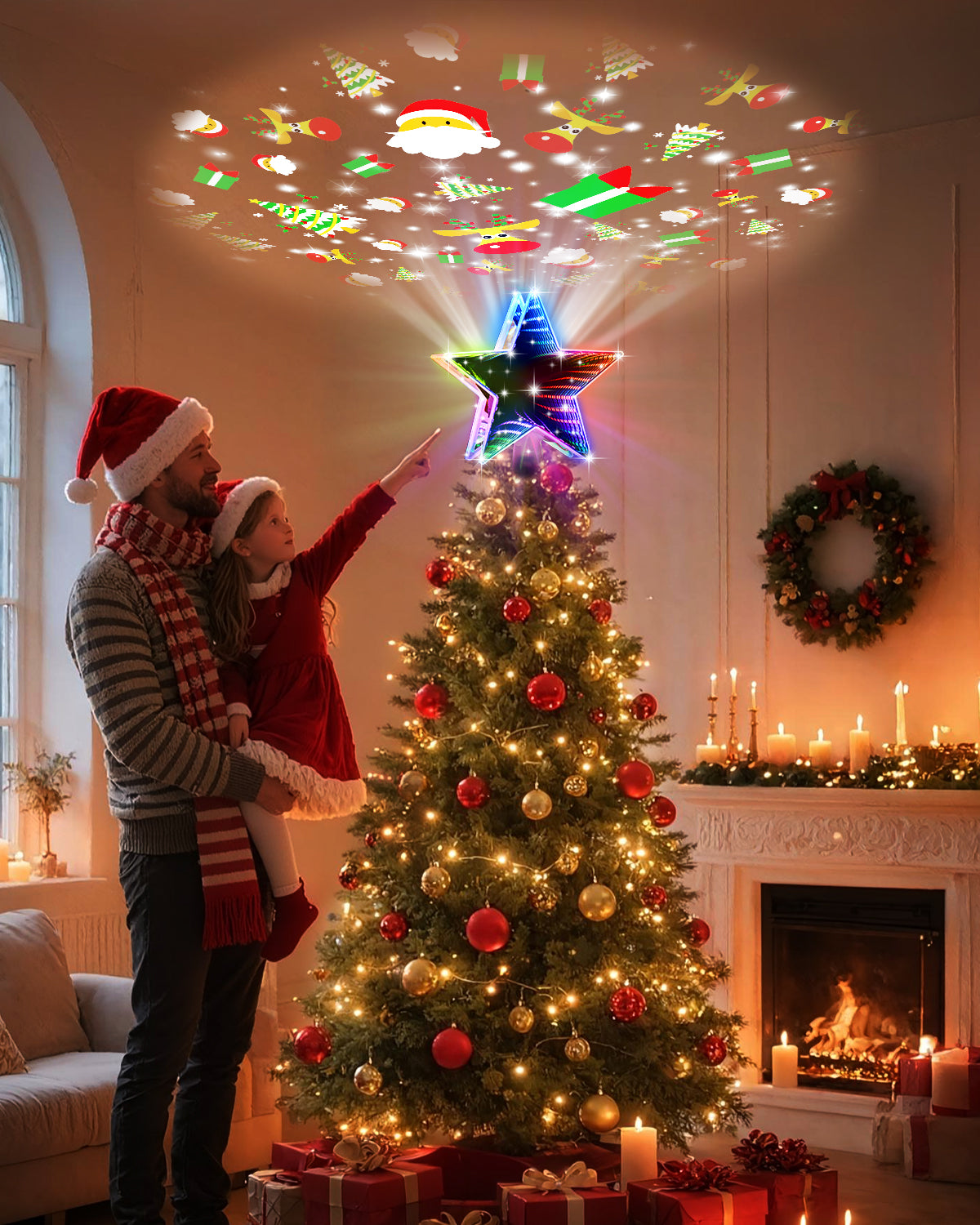 Christmas Tree Topper, Dynamic Tunnel Mirror Colorful Light Star Topper
