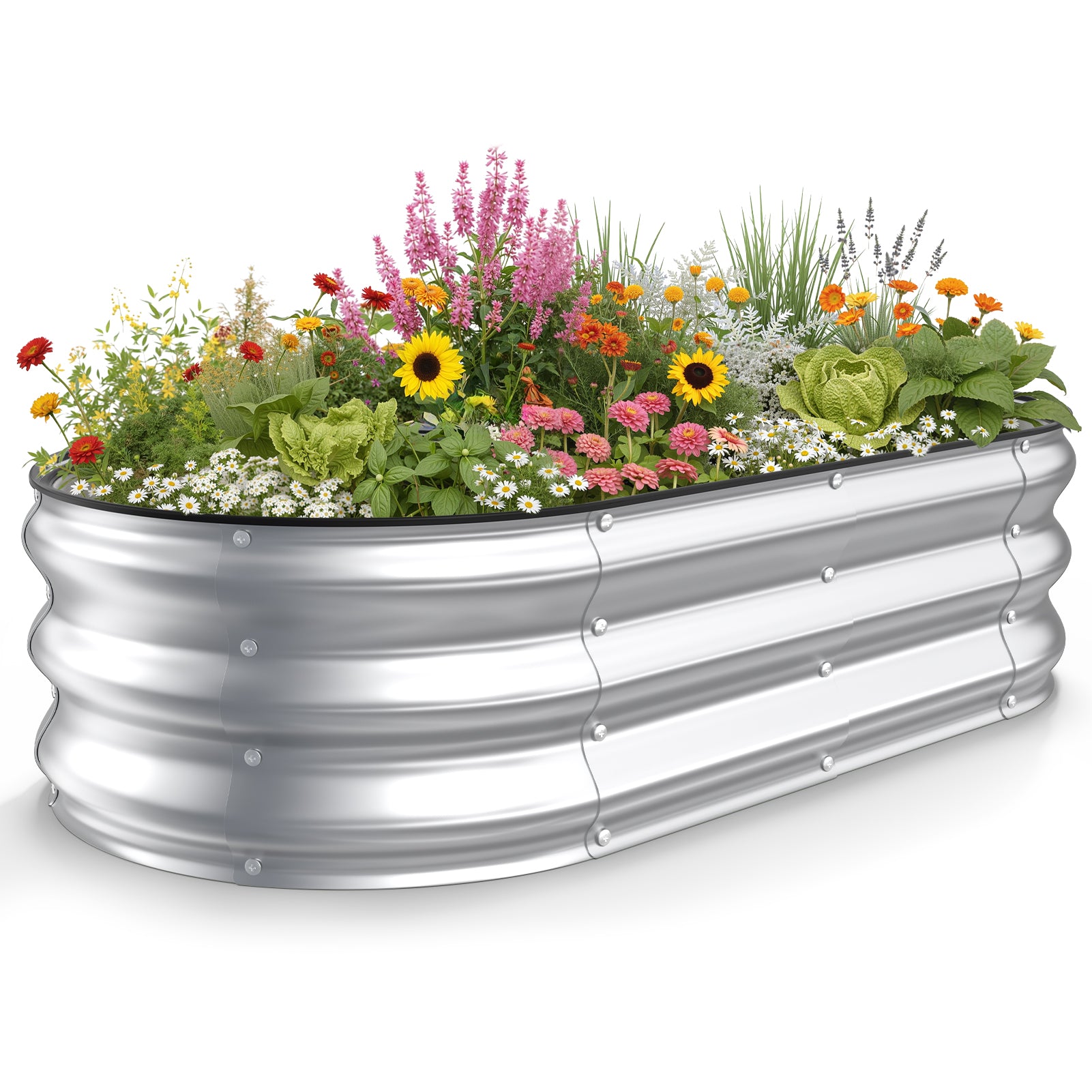 Silver 4x2x1 ft galvanized steel raised garden bed with mixed plants and flowers, oval metal planter for outdoor vegetable gardening