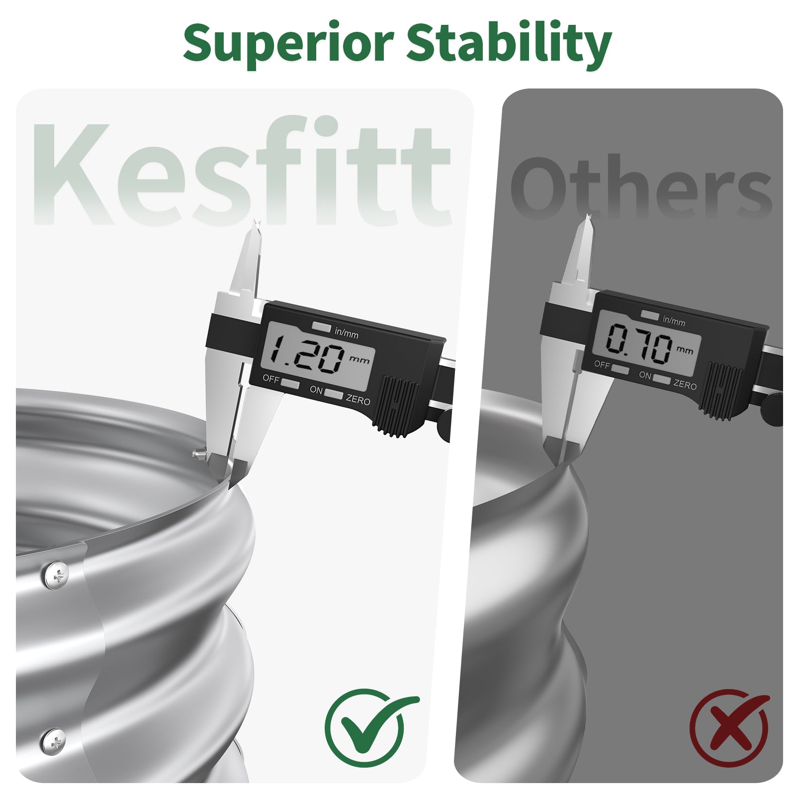Comparison of Kesfitt digital caliper measurement with 'Others' on a white background.