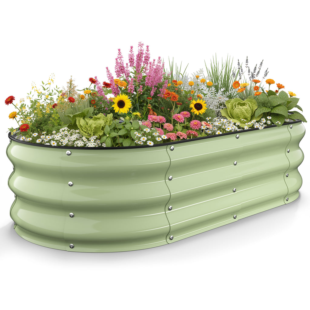 Raised Garden Bed, 4x2x1 FT Galvanized Steel Metal Raised Garden Bed, Oval Open-Bottom Design, 12-Inch Deep for Outdoor Vegetable & Herb Gardening, Fruit Green