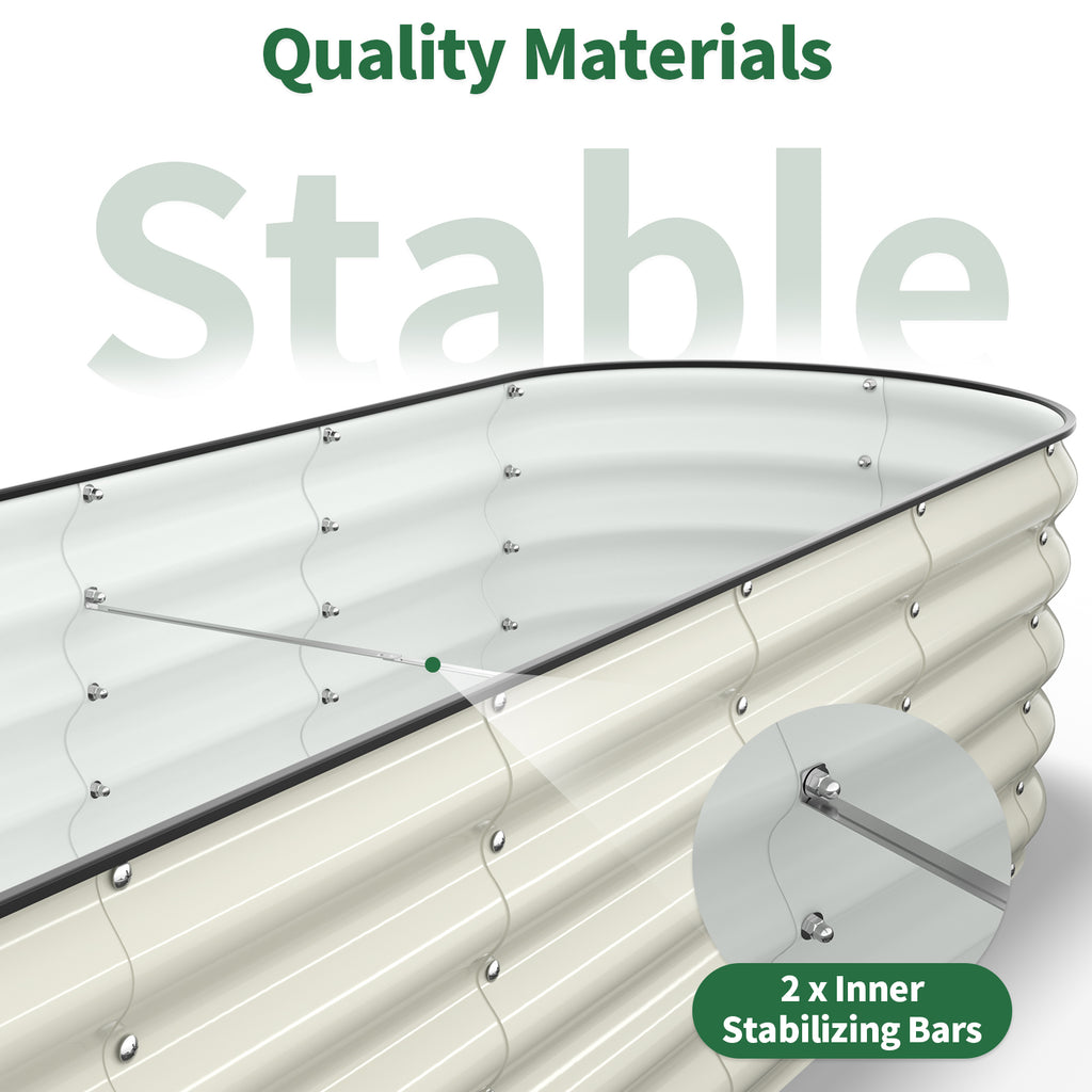 Interior view of pearl white metal raised garden bed with stabilizing bars