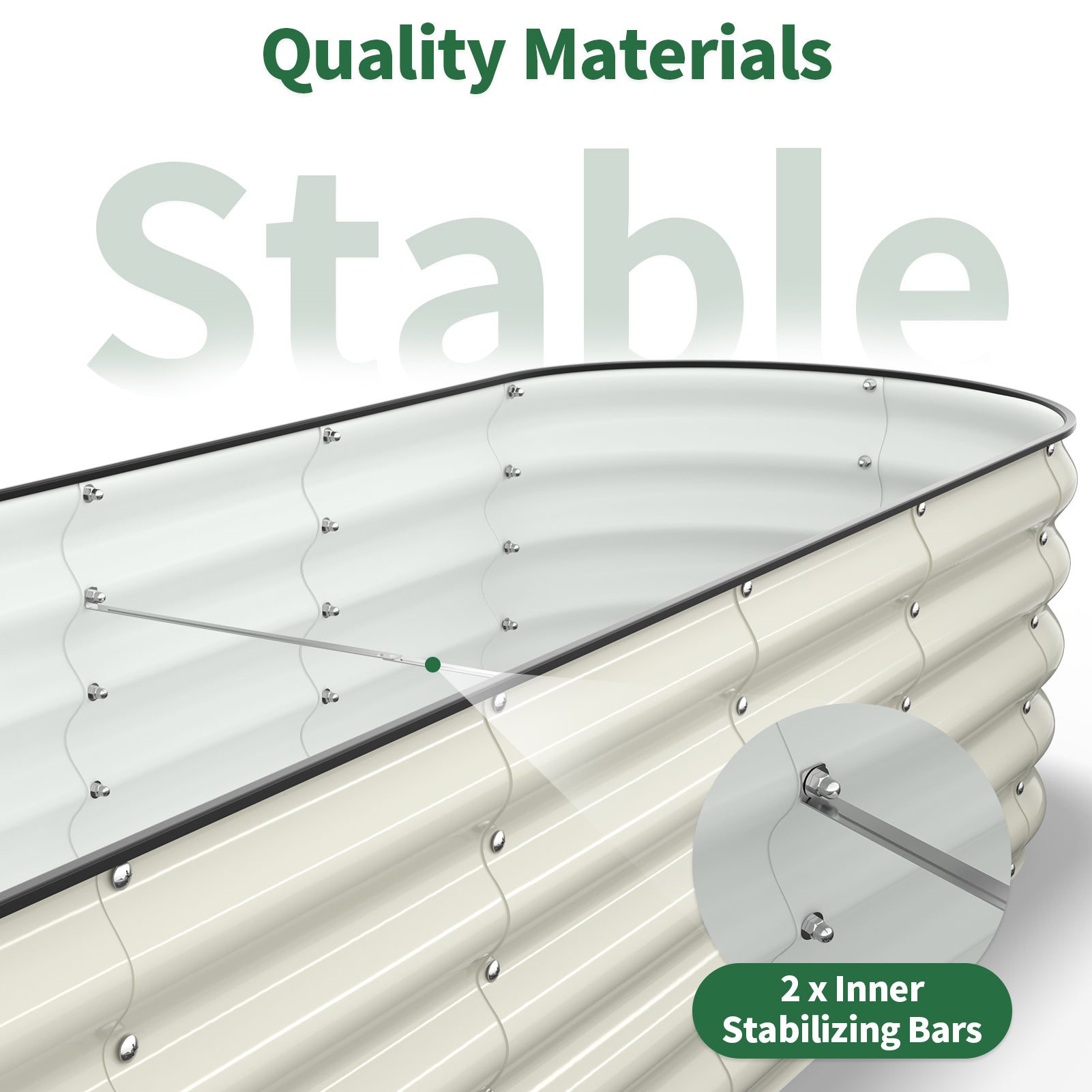 Interior view of pearl white metal raised garden bed with stabilizing bars