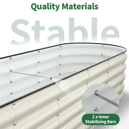 Interior view of pearl white metal raised garden bed with stabilizing bars