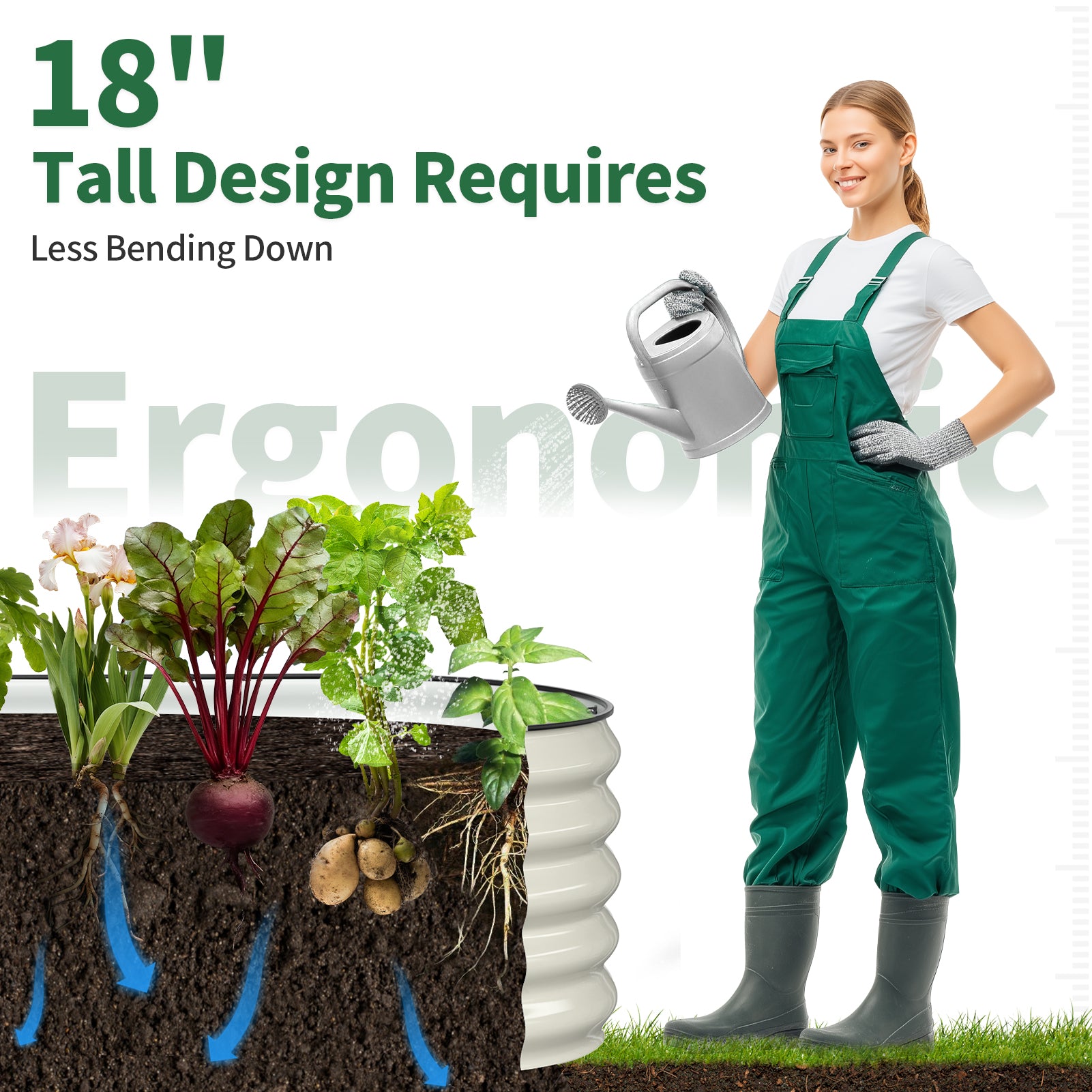 Pearl white 18-inch tall metal raised garden bed designed for comfortable gardening