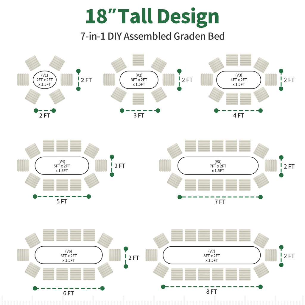 Seven configuration options for a pearl white 18-inch tall metal raised garden bed