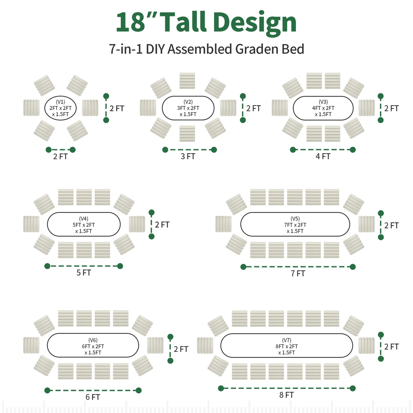 Seven configuration options for a pearl white 18-inch tall metal raised garden bed