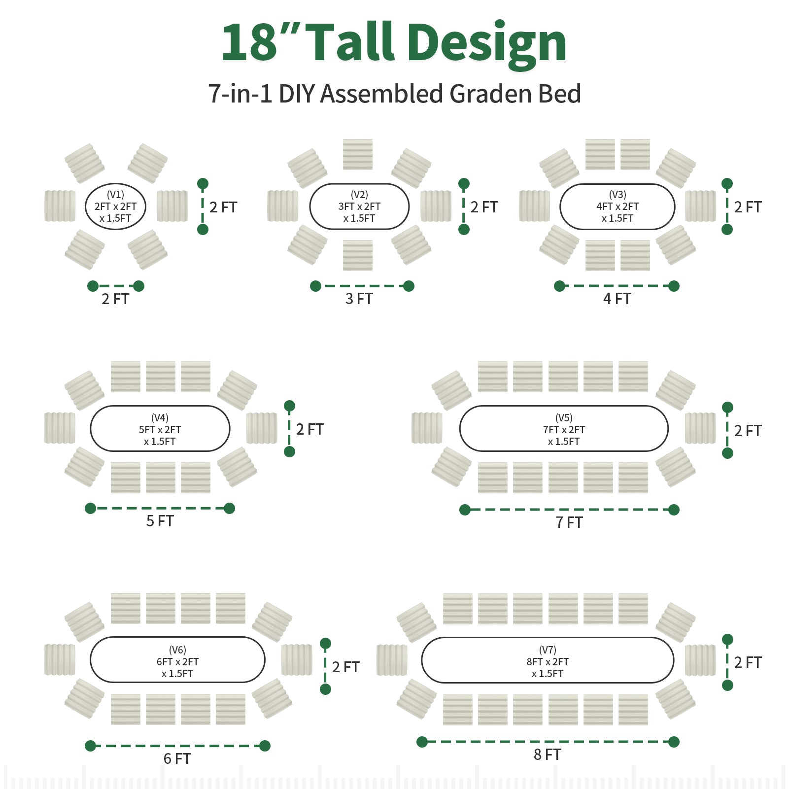 Seven configuration options for a pearl white 18-inch tall metal raised garden bed