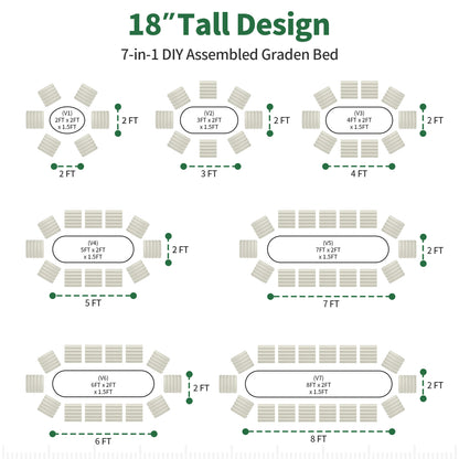 Seven configuration options for a pearl white 18-inch tall metal raised garden bed