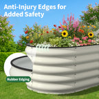 Pearl white metal raised garden bed with rubber edging and rounded safety edges