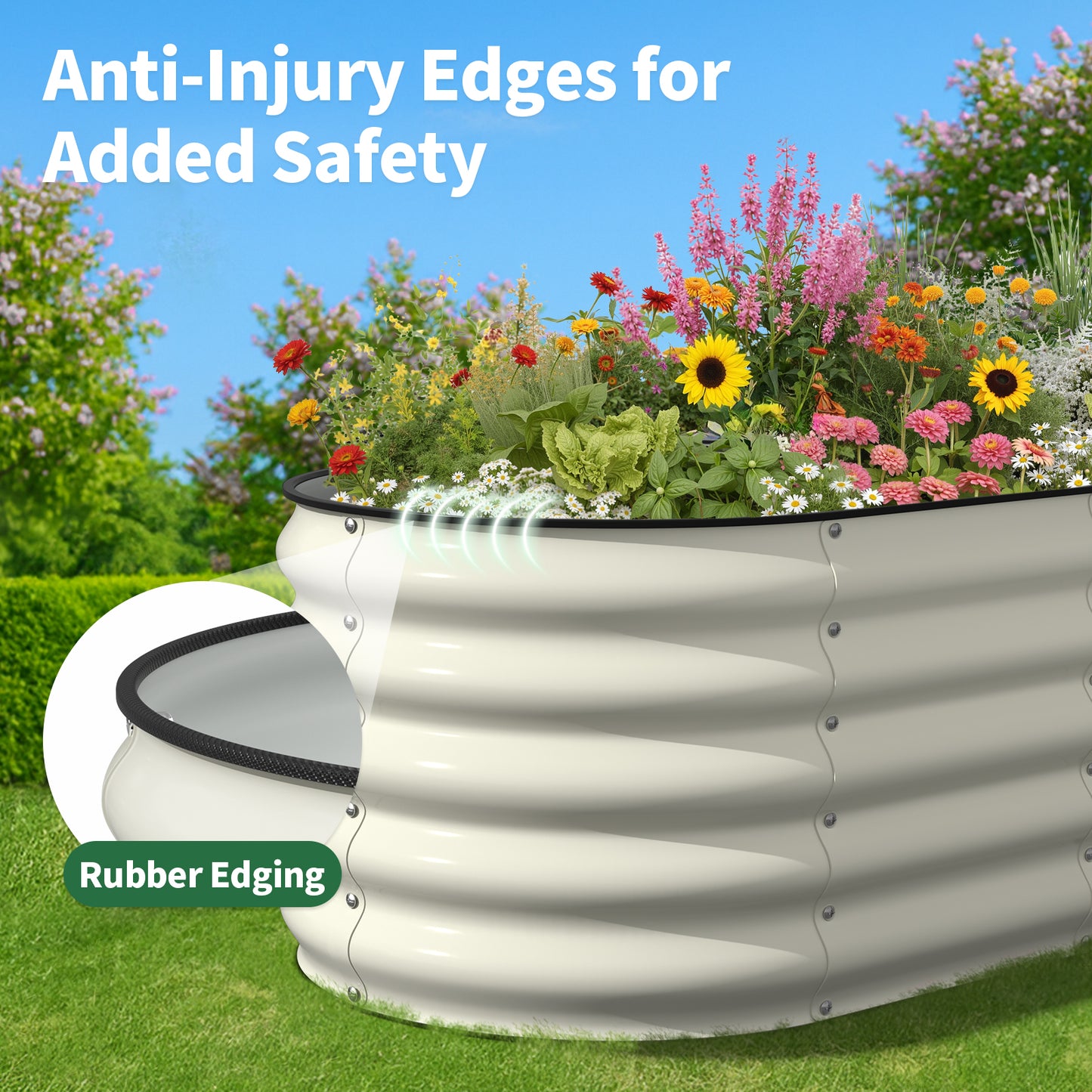 Pearl white metal raised garden bed with rubber edging and rounded safety edges
