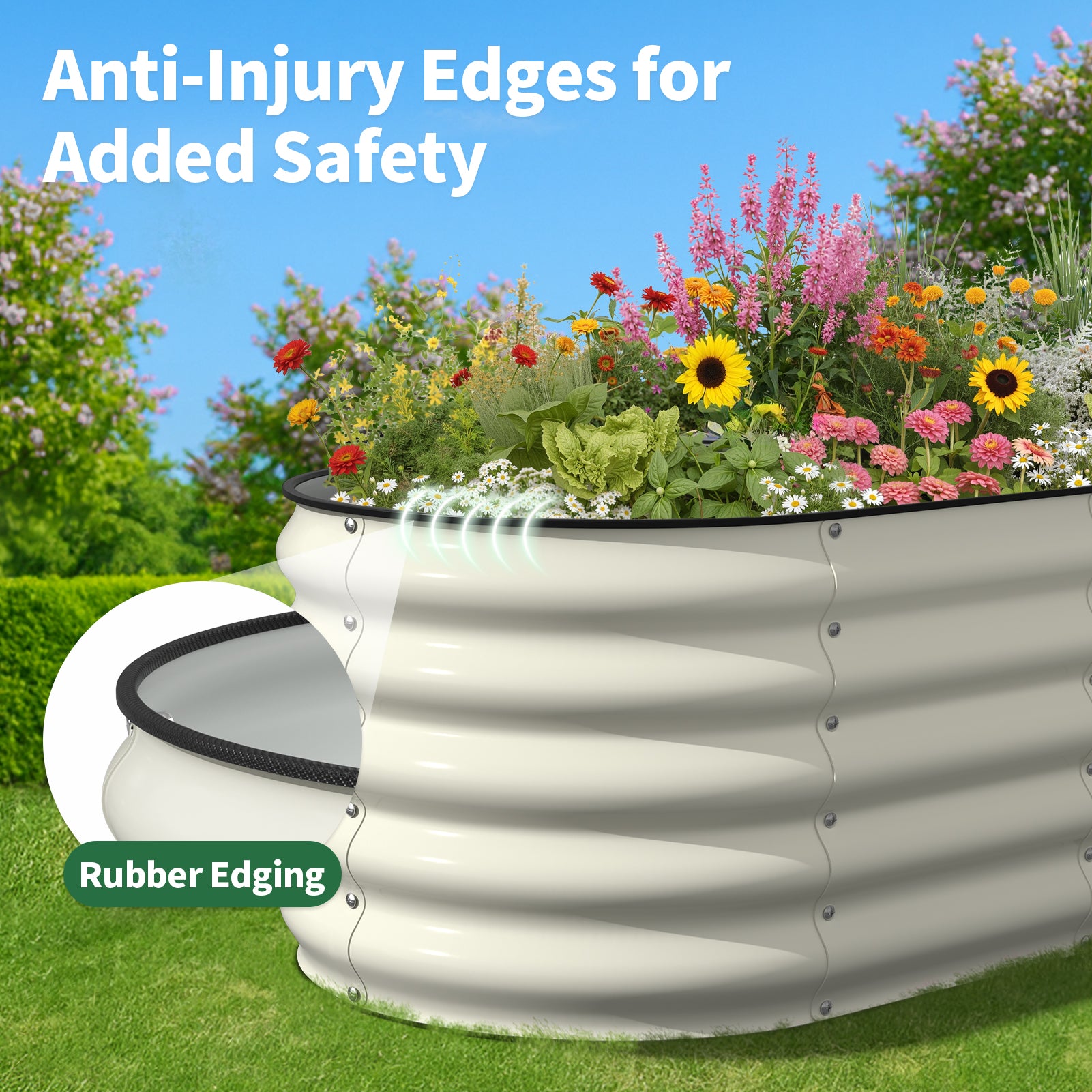 Pearl white metal raised garden bed with rubber edging and rounded safety edges