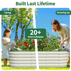 Pearl white metal raised garden bed used by a child and adult gardener in a backyard