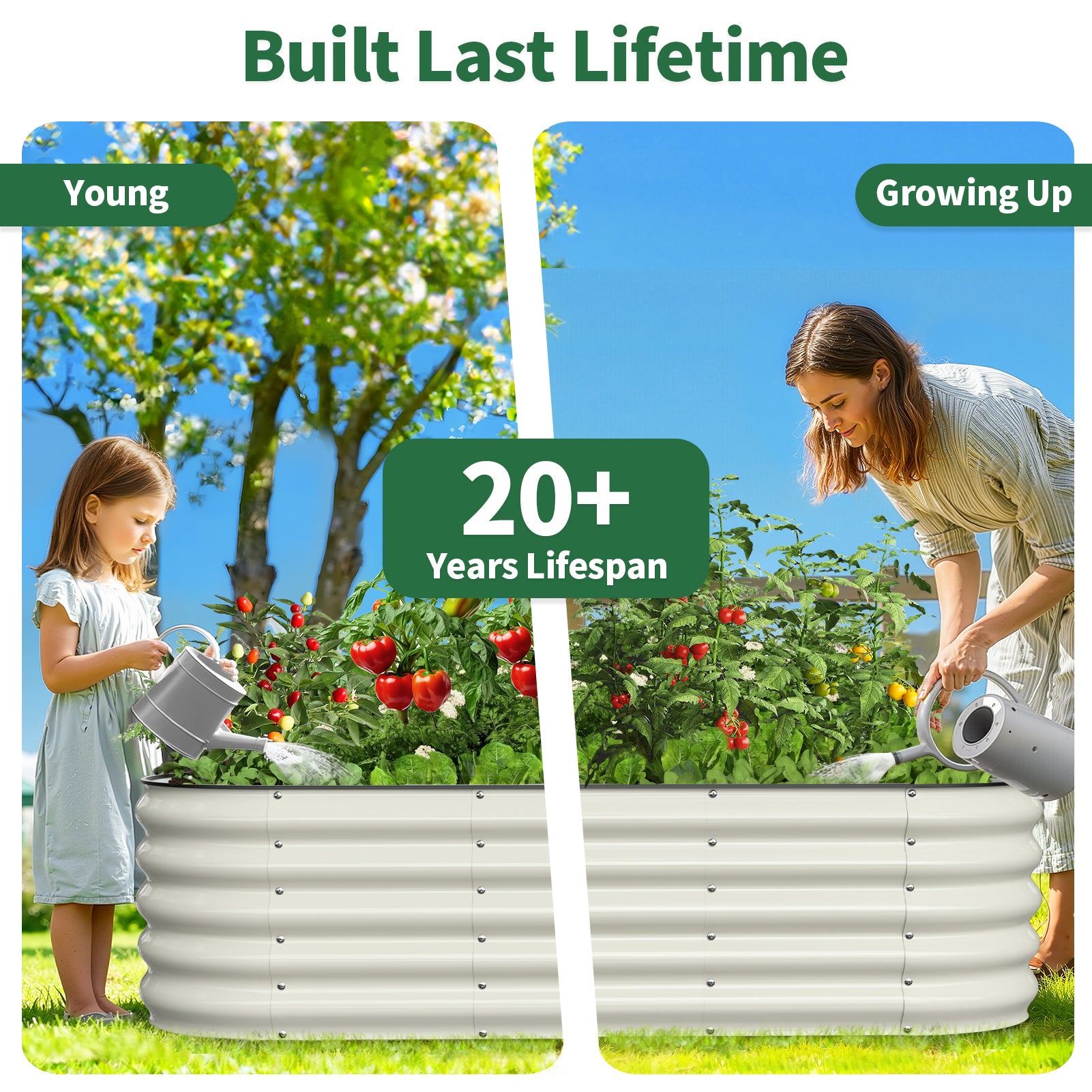 Pearl white metal raised garden bed used by a child and adult gardener in a backyard